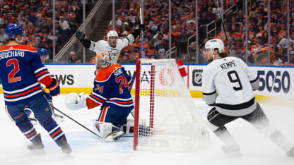 Adrian Kempe bats in goal during Game 2